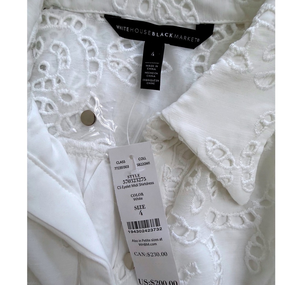 White House Black MarketWhite Eyelet Midi Shirtdress Women 4 NWT Embroidery $20 - Picture 3 of 7